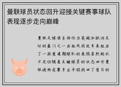 曼联球员状态回升迎接关键赛事球队表现逐步走向巅峰