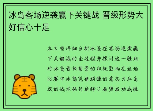 冰岛客场逆袭赢下关键战 晋级形势大好信心十足