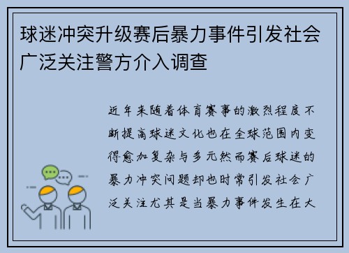 球迷冲突升级赛后暴力事件引发社会广泛关注警方介入调查